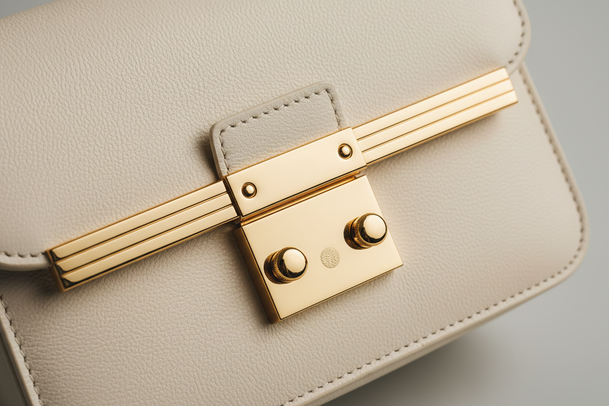 Classic City Shoulder Bag in Ivory White, front-lock closure and hardware close-up