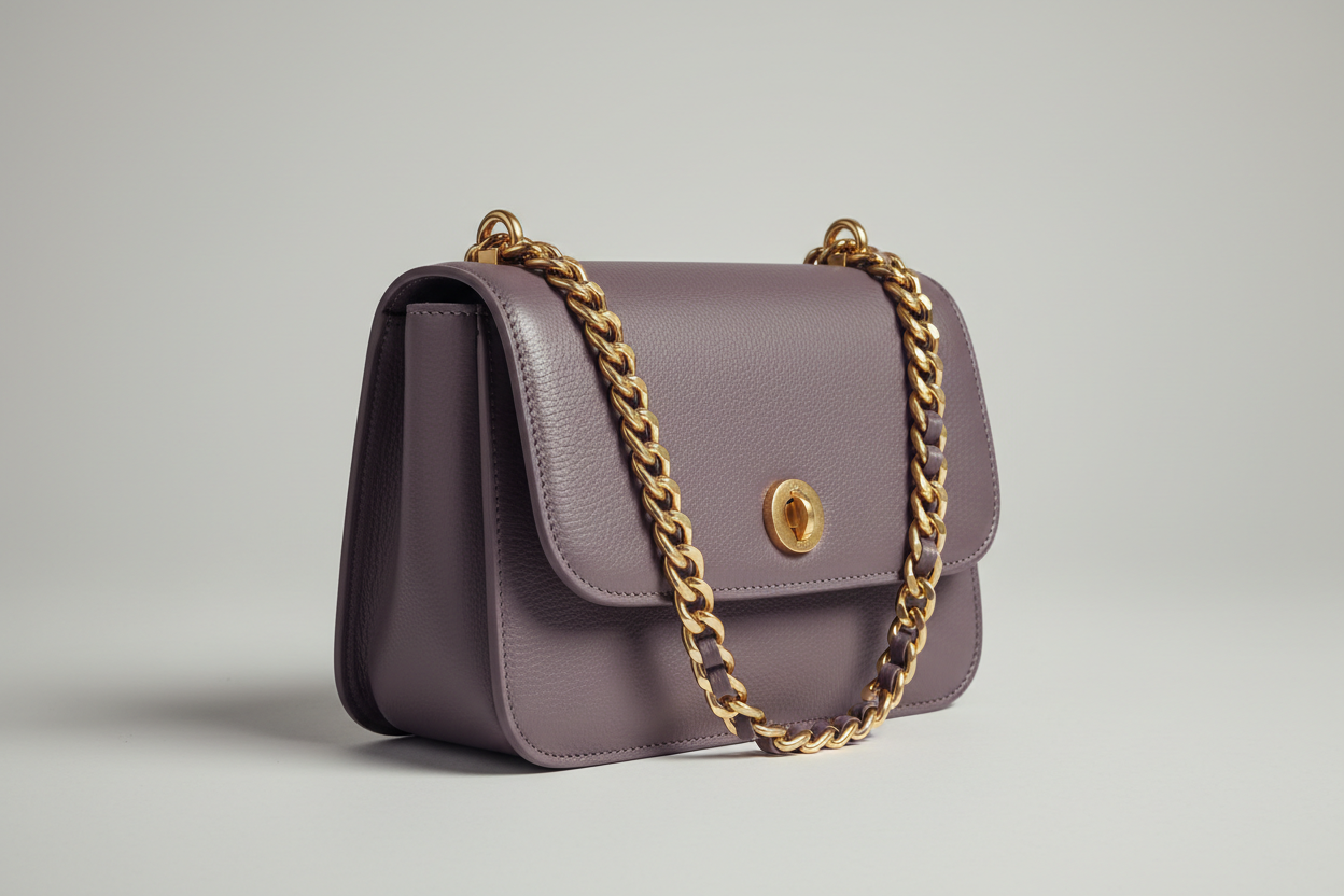 Elegant Chain Shoulder Bag in Smoky Plum, side angle view