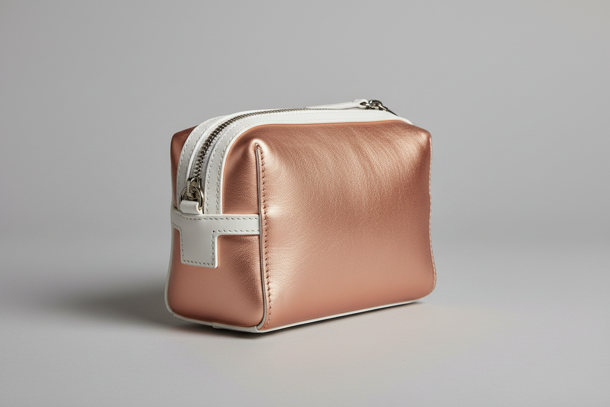 Signature Utility Pouch in Rose Gold and White, side angle view