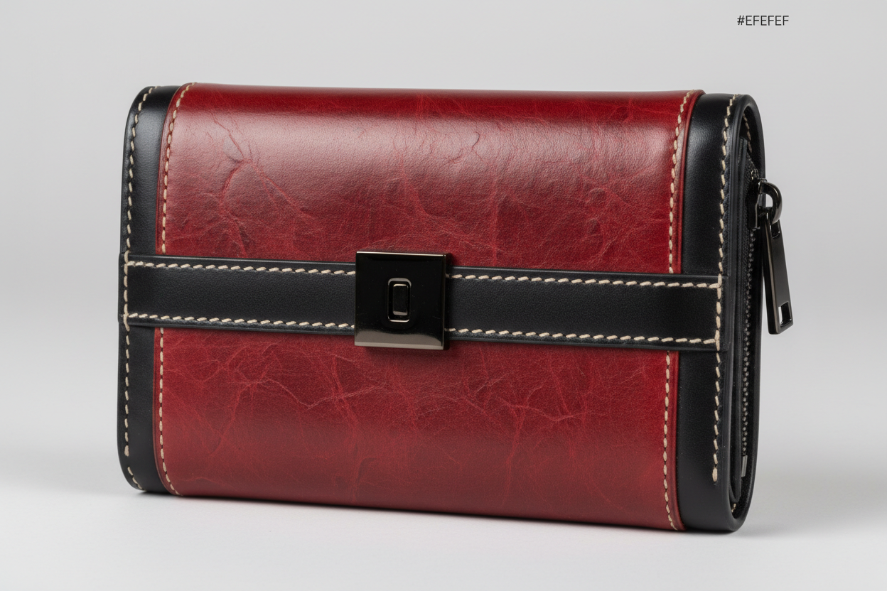 Urban Everyday Wallet in Red and Black, saddle leather and hardware close-up