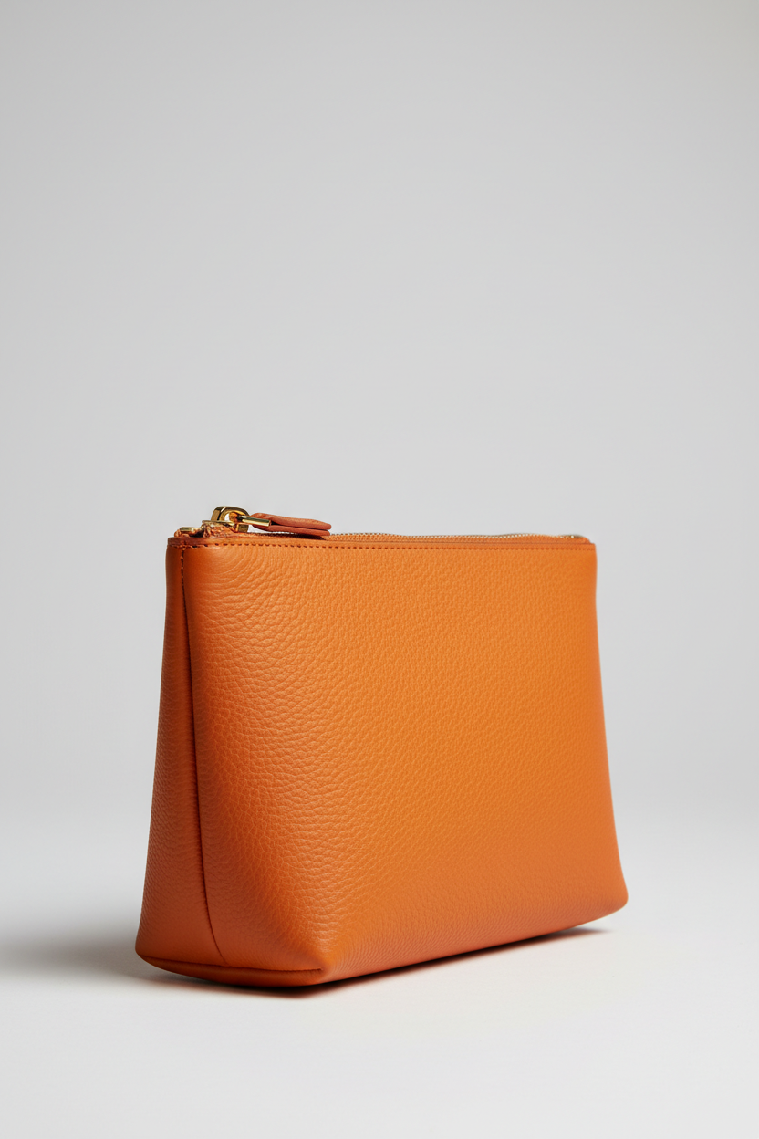 Minimal Luxe Pouch in Orange and Gold, portrait side angle view