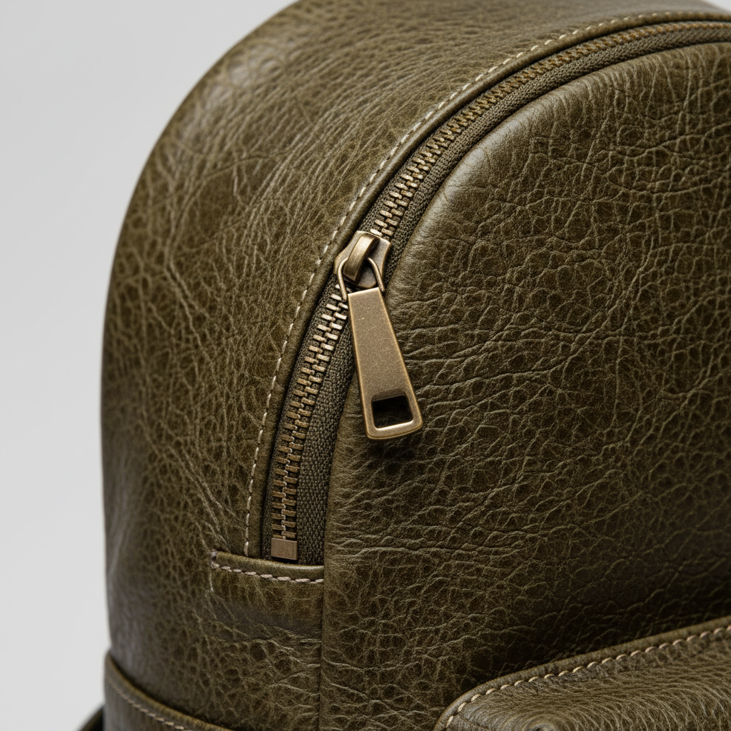 Pine Timber Mosswood — Leather & Zipper Close-up