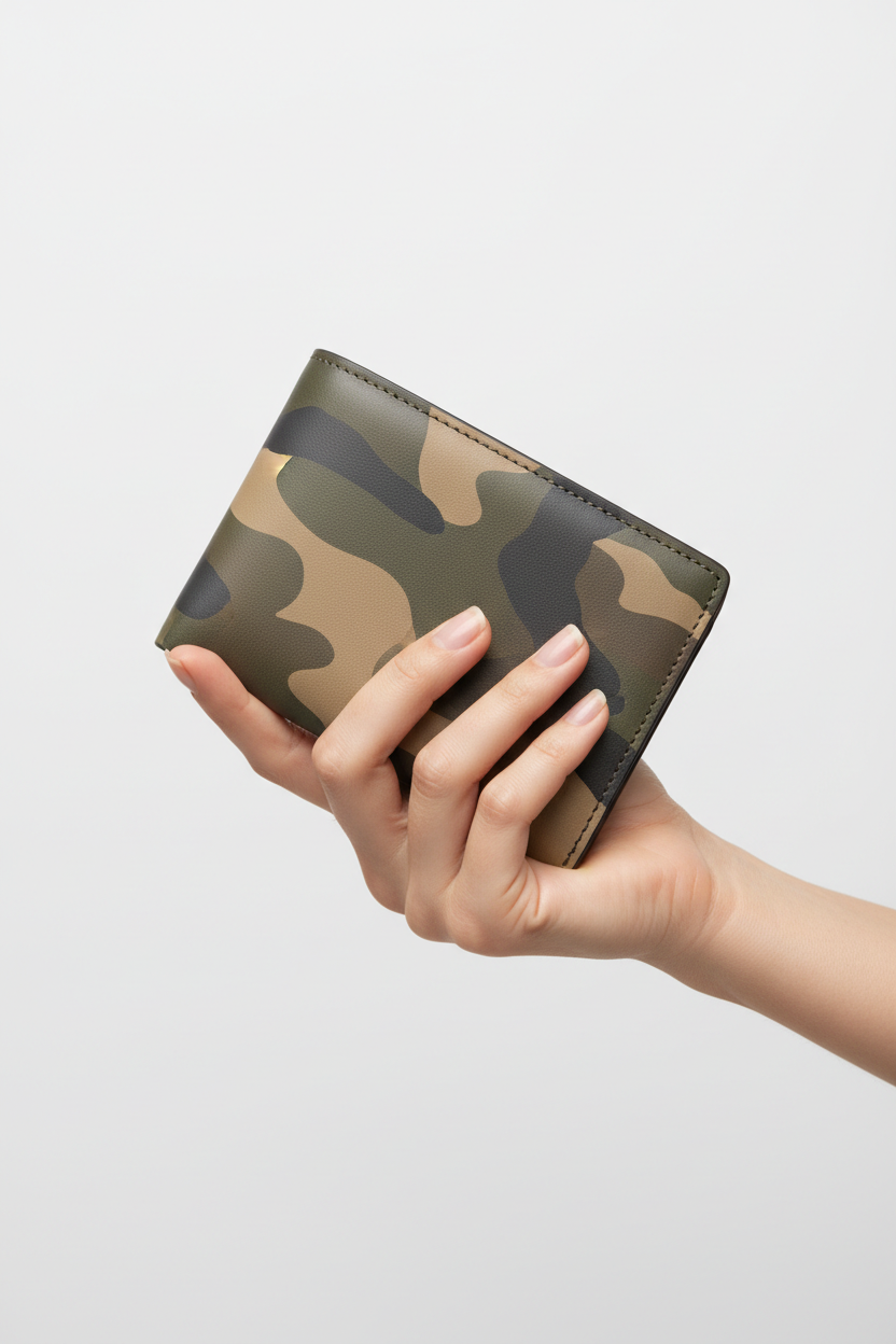 Hand holding Premium Leather Wallet in Camouflage