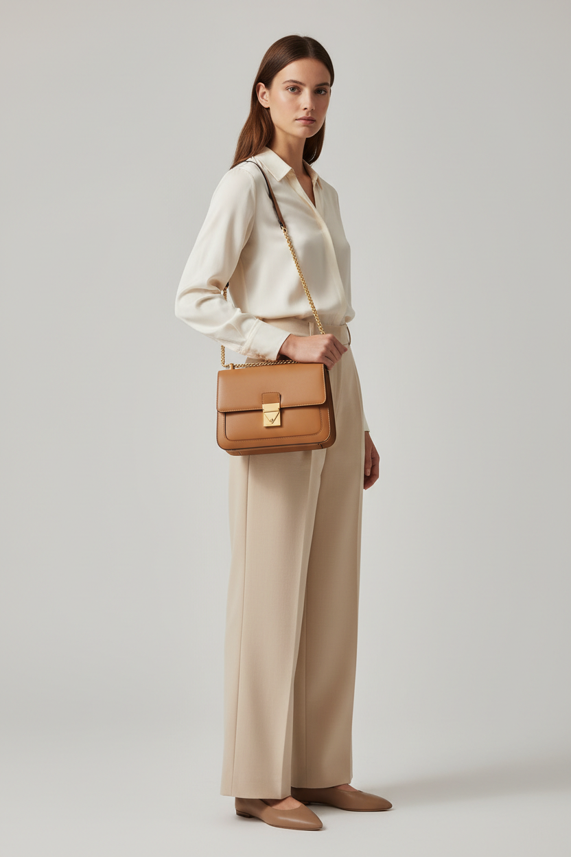 Female model carrying Classic City Shoulder Bag in Camel Tan