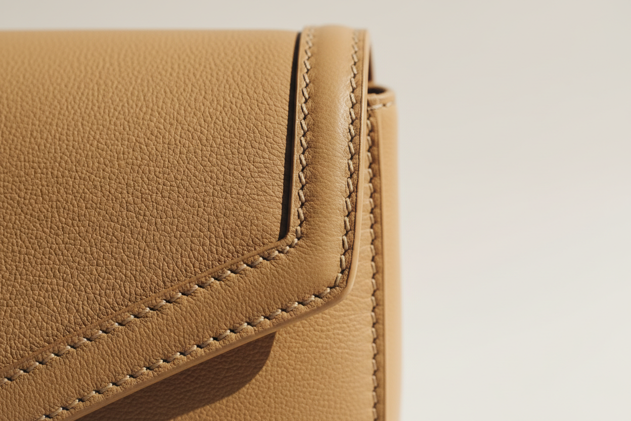 Modern Everyday Shoulder Bag in Warm Sand, premium stitching close-up