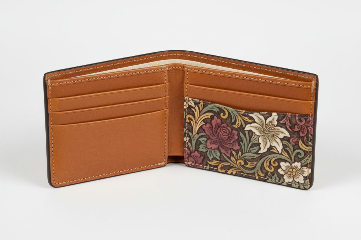 Executive Compact Wallet in Floral, open interior view