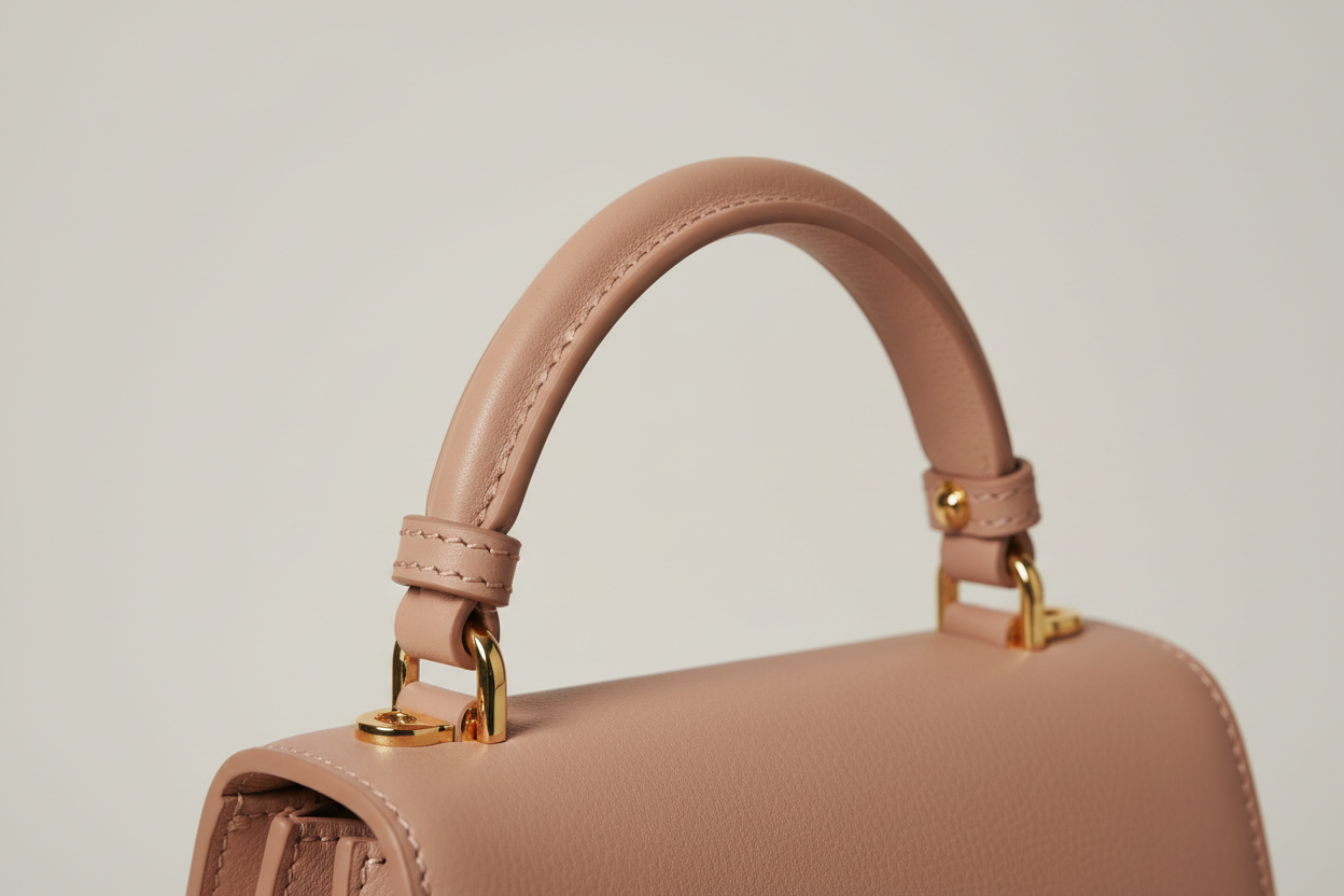 Luxury Mini Shoulder Bag in Rose Beige, top handle and hardware close-up