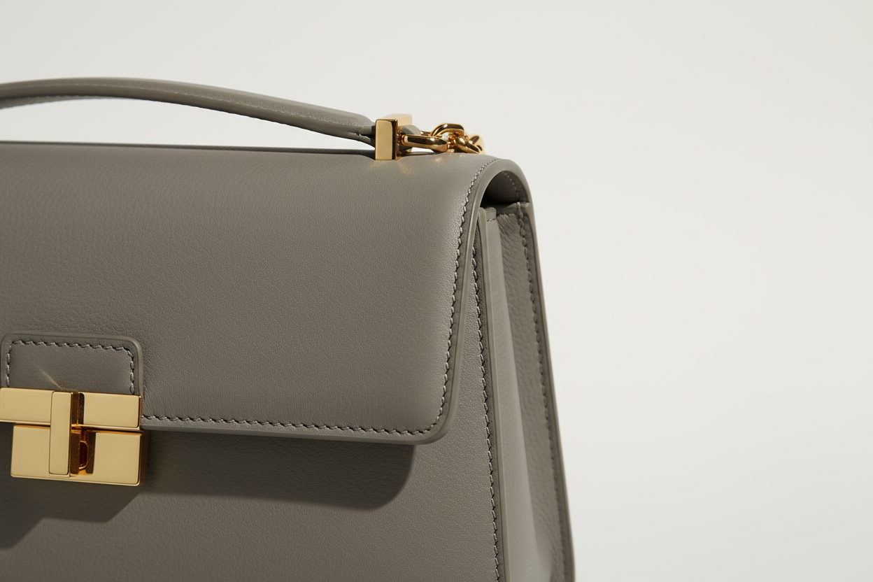 Sculpted Designer Shoulder Bag in Stone Grey, sculpted leather and hardware close-up