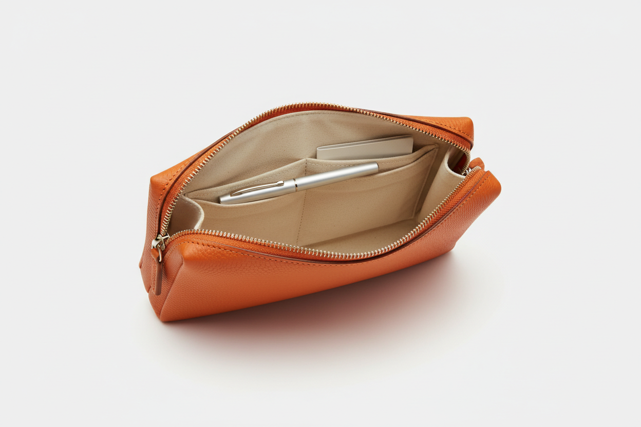 Premium Leather Utility Pouch in Orange, open zipper compartment view