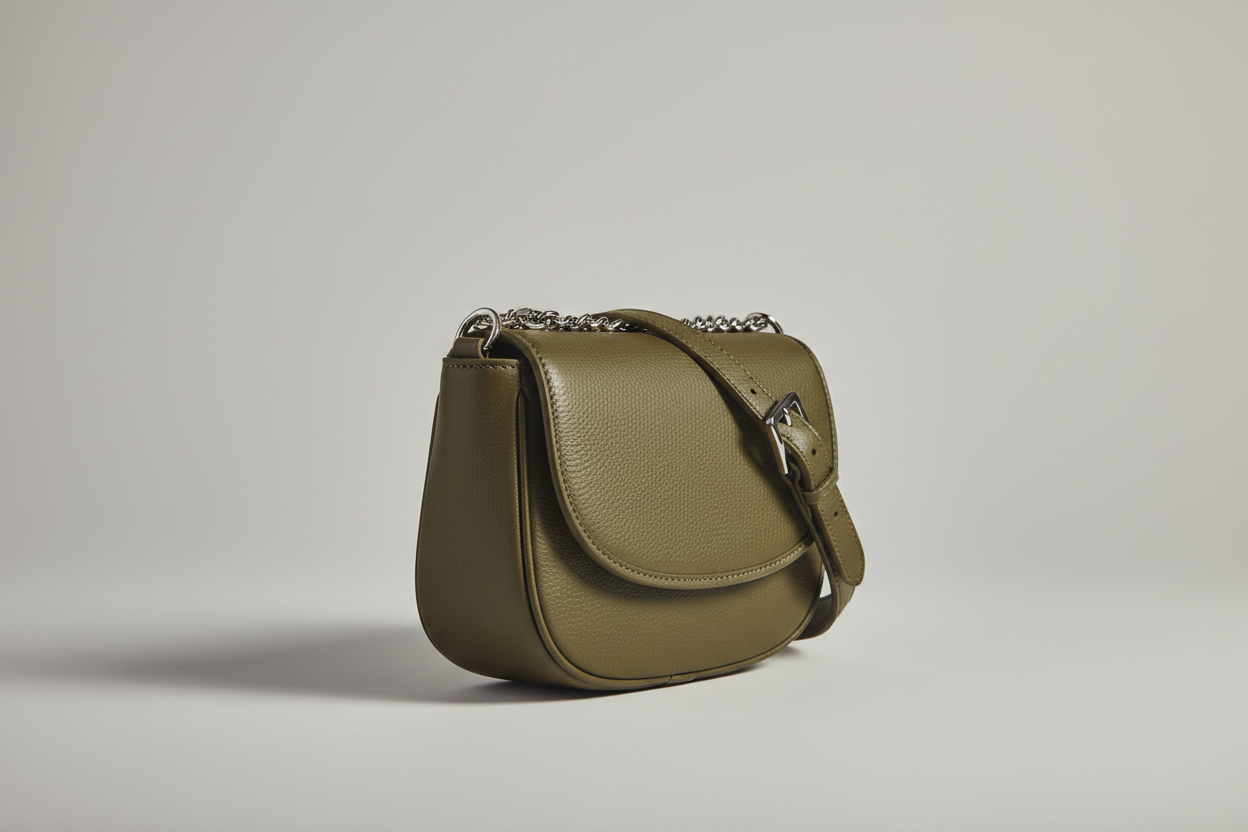 Soft Curve Shoulder Bag in Olive Green, side angle view