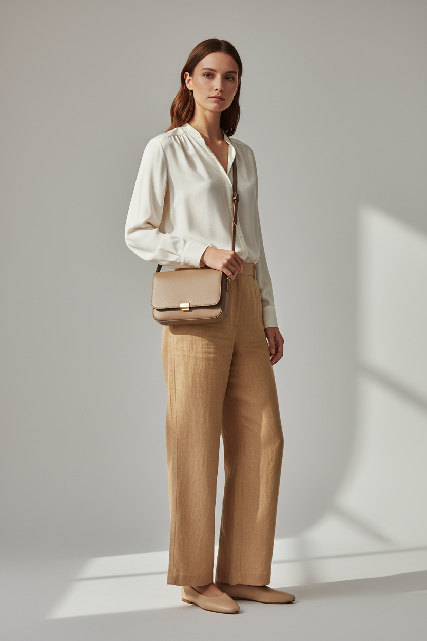 Female model wearing Everyday Mini Crossbody in Soft Taupe