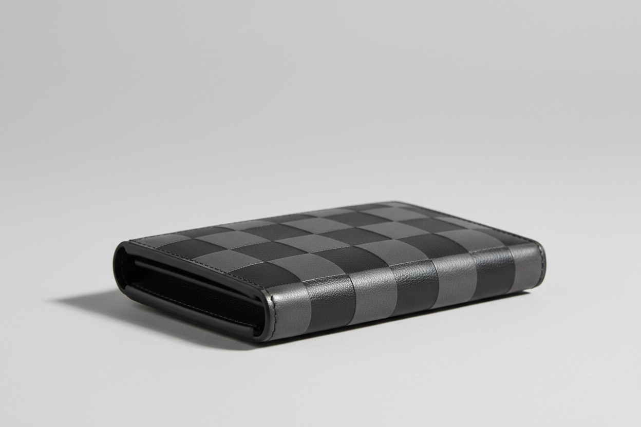 Premium Leather Wallet in Checkered, side angle view