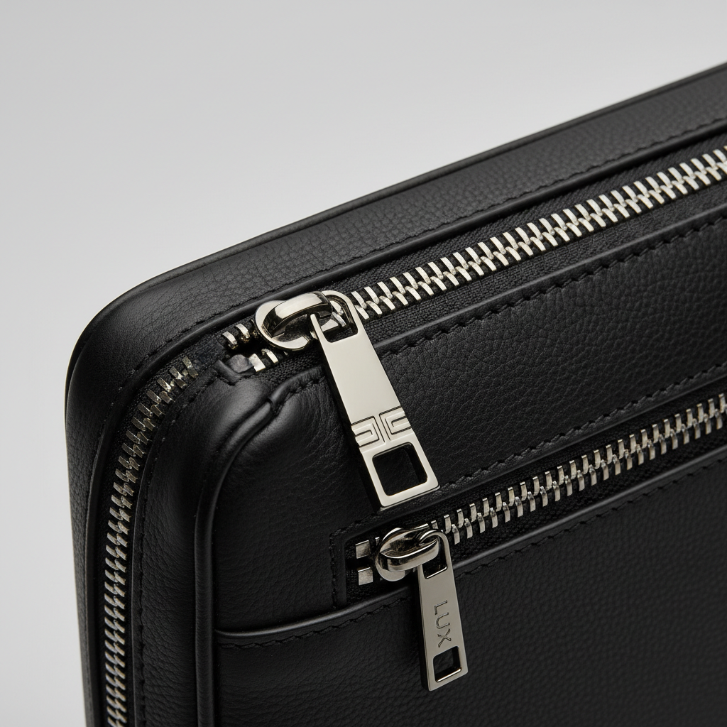 Executive Slim Briefcase in Midnight Graphite Black – Leather & Hardware Detail