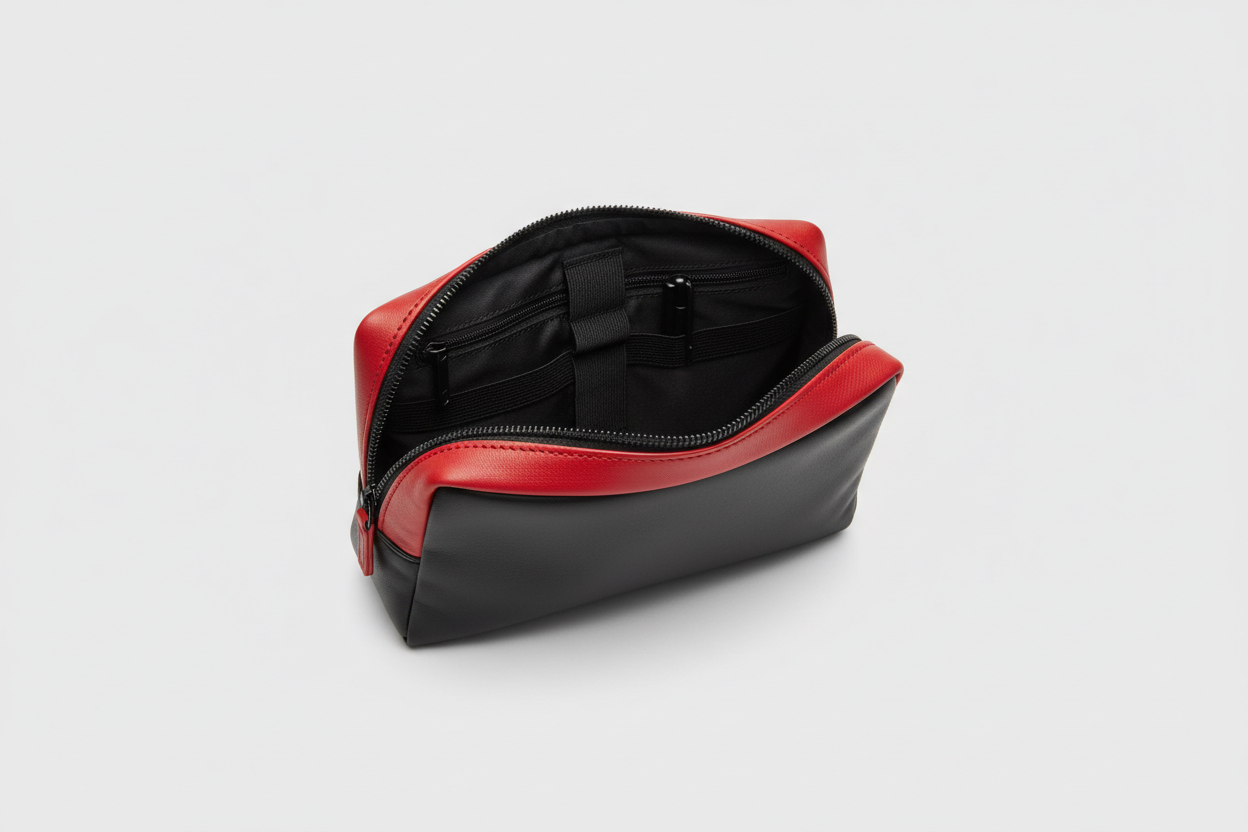 Modern Travel Pouch in Red and Black, open zipper compartment view