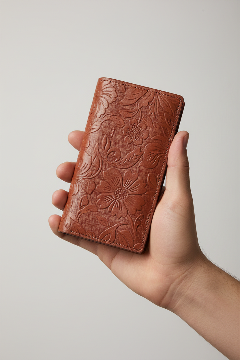 Hand holding Executive Compact Wallet in Floral