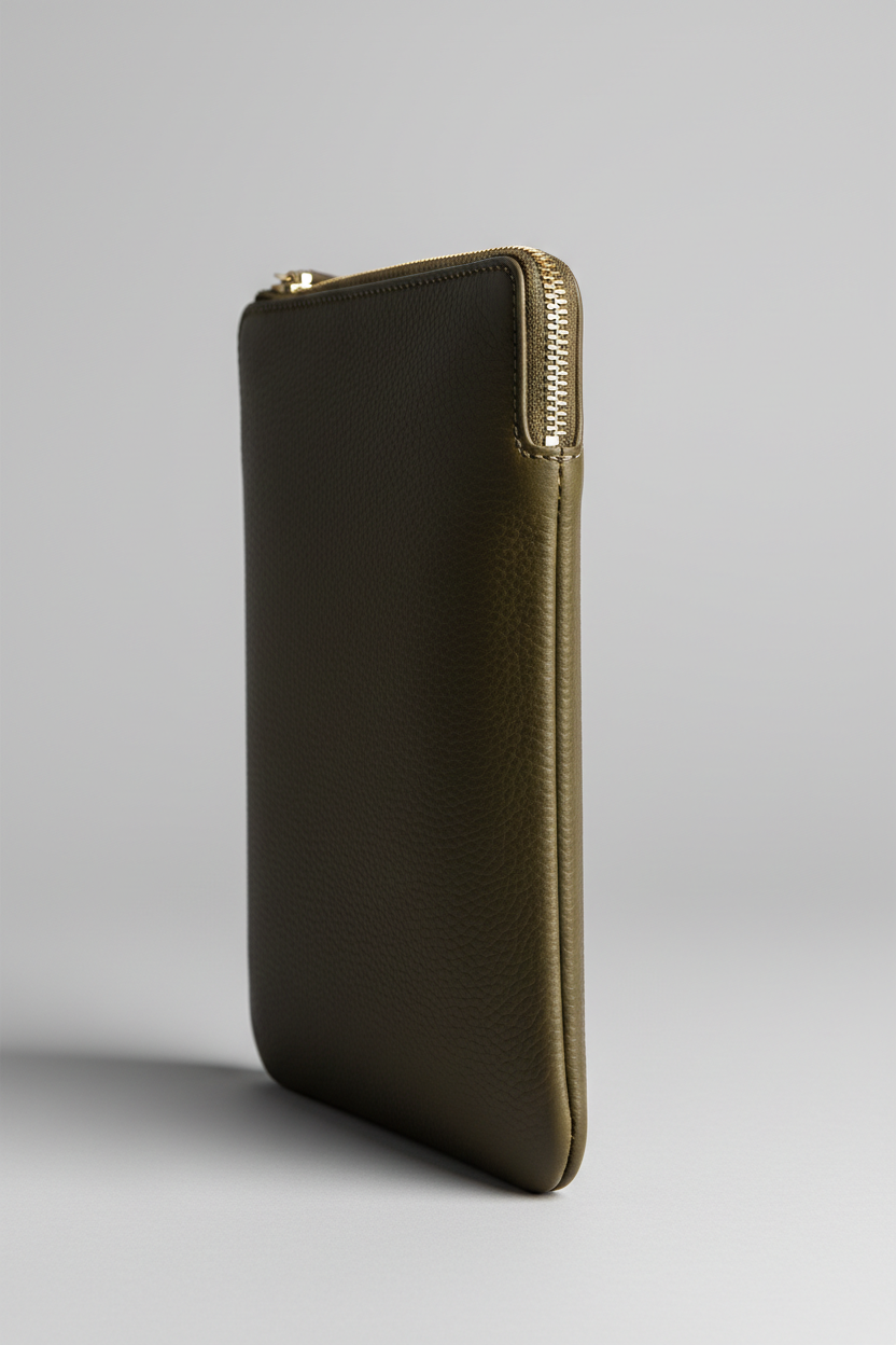 Executive iPad Pochette in Forest Timber Olive Heritage Grain Leather – Angled View