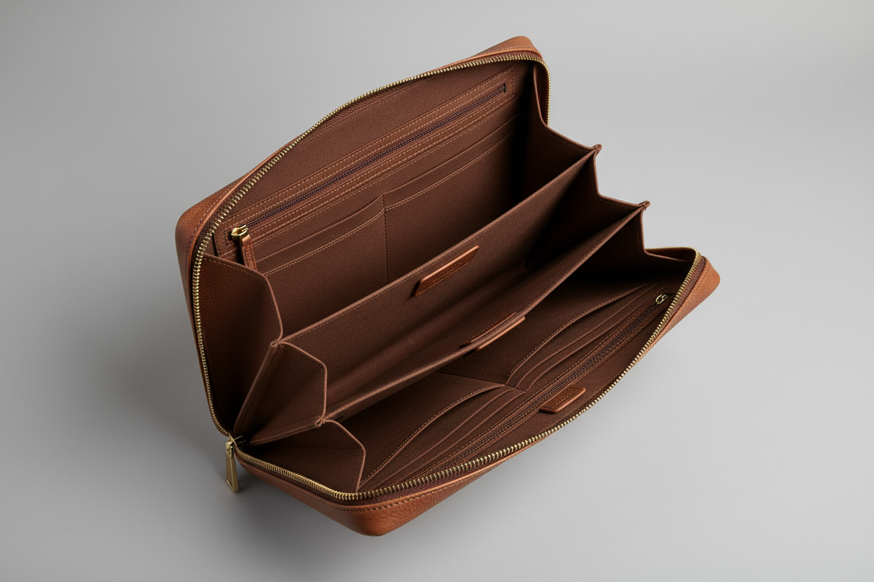 Premium Zip Work Portfolio in Mocha Dust Brown Natural Grain Leather – Interior View