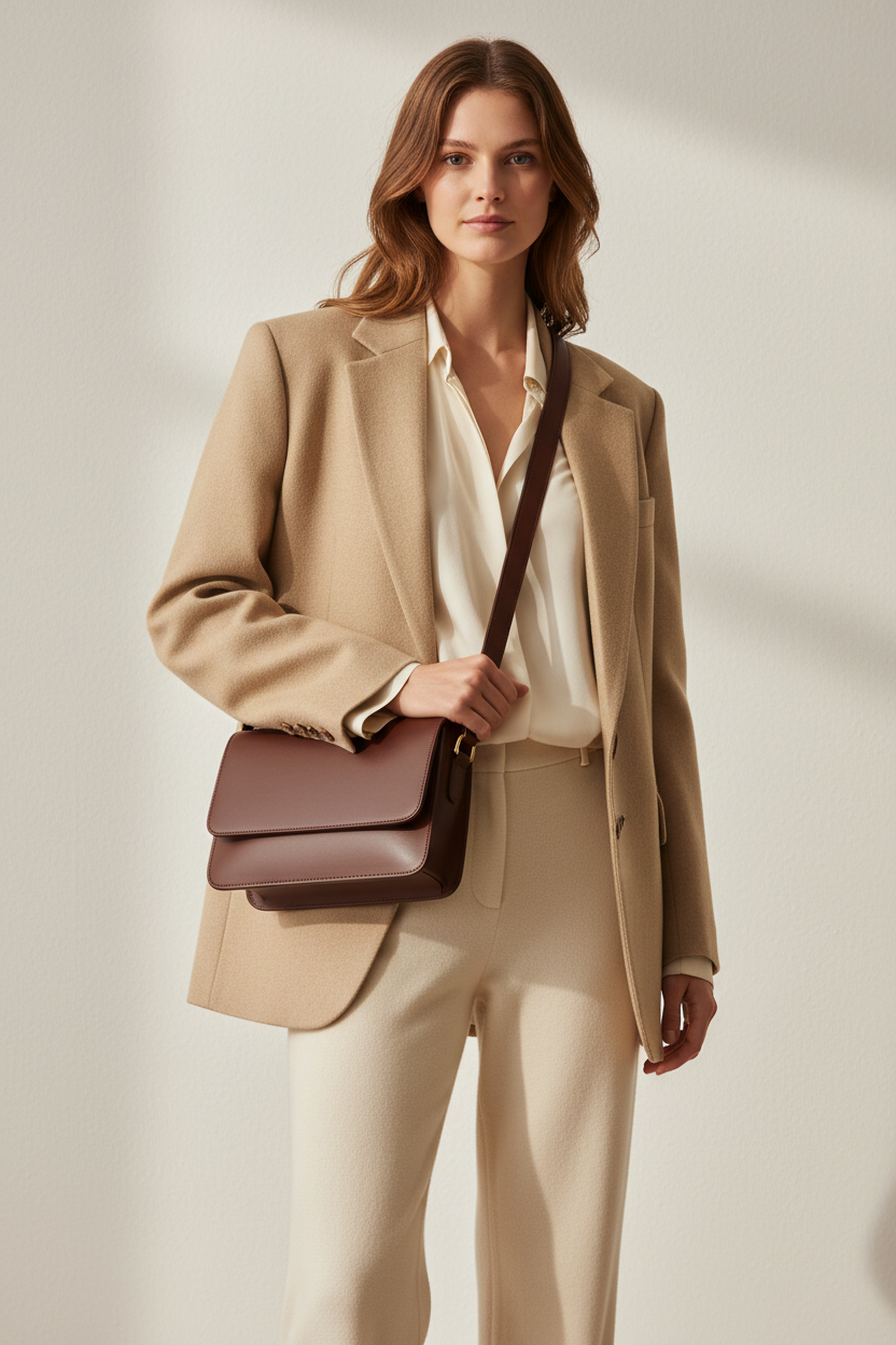 Female model carrying Soft Matte Shoulder Bag in Deep Walnut