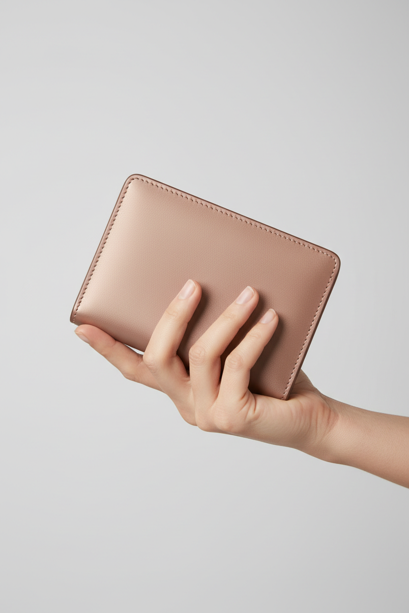Hand holding Executive Compact Wallet in Rose Gold