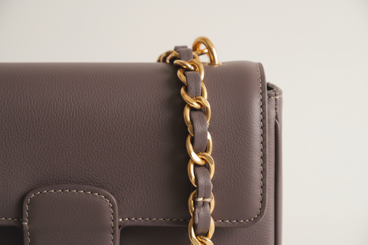 Elegant Chain Shoulder Bag in Smoky Plum, gold chain and leather close-up