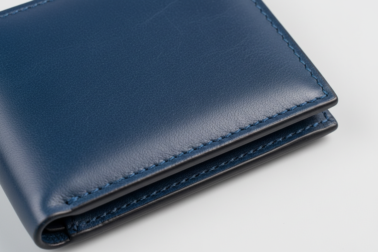 Executive Compact Wallet in Blue, premium heritage leather macro close-up