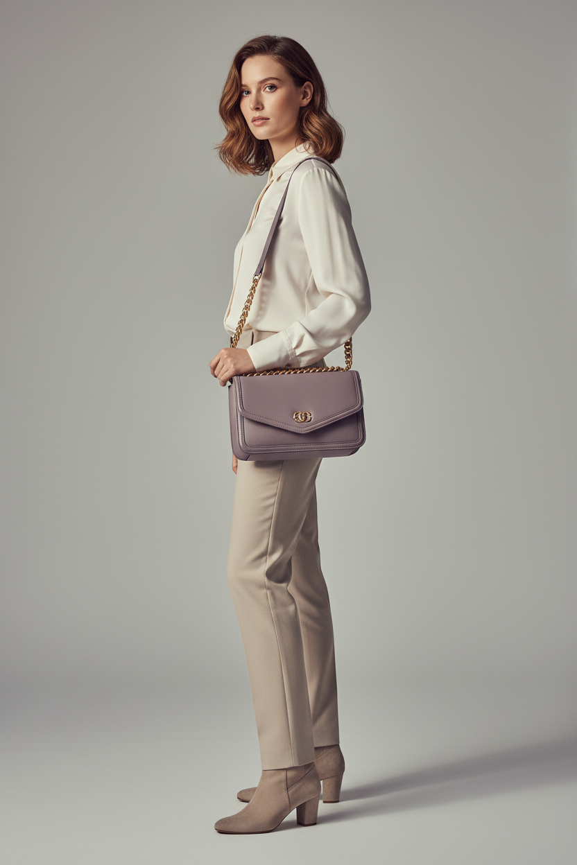 Female model carrying Elegant Chain Shoulder Bag in Dusty Lavender
