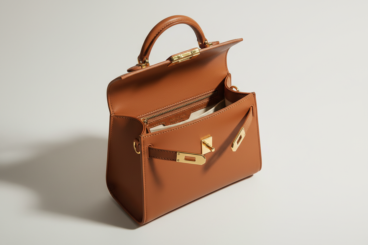 Mini Luxe Top-Handle Bag in Cinnamon Brown, open interior view