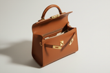 Mini Luxe Top-Handle Bag in Cinnamon Brown, open interior view