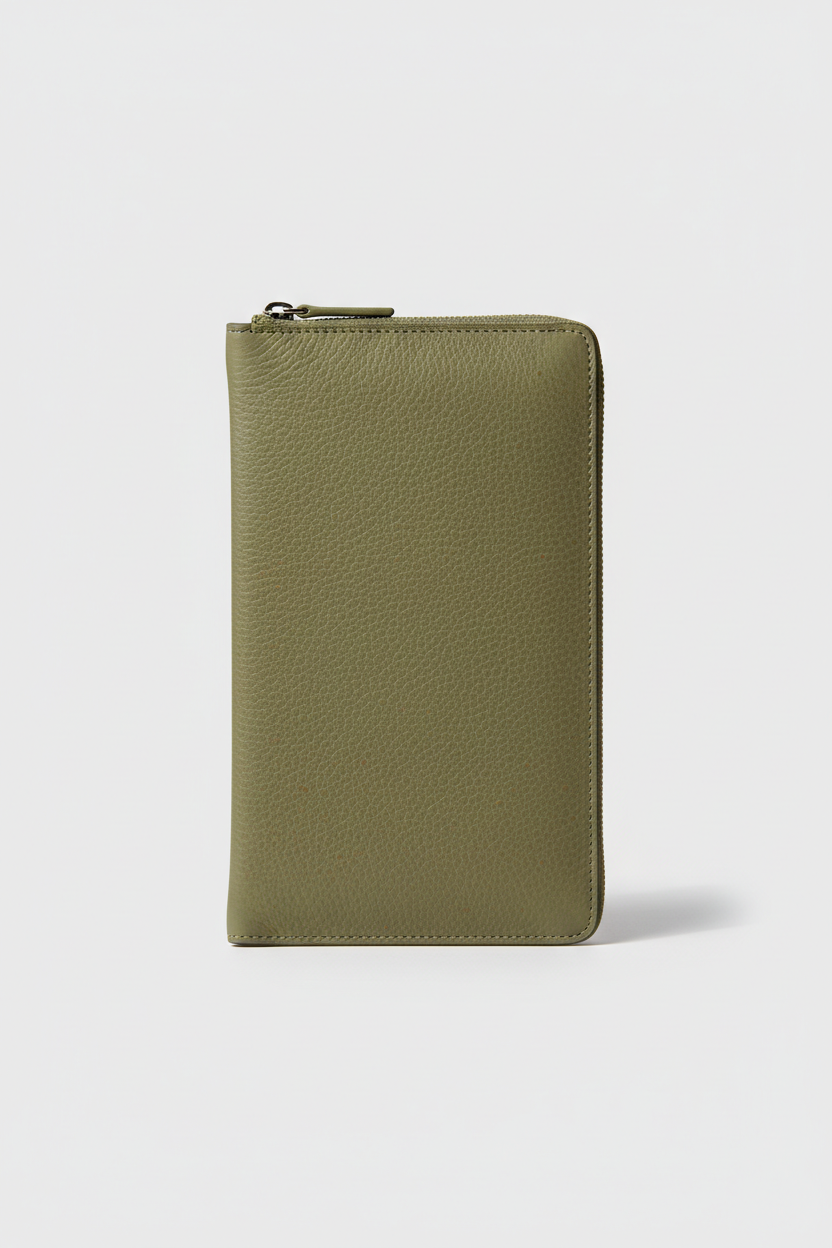 Quiet Luxury Tablet Pochette in Sage Timber Green Refined Pebbled Leather – Front View