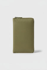 Quiet Luxury Tablet Pochette in Sage Timber Green Refined Pebbled Leather – Front View