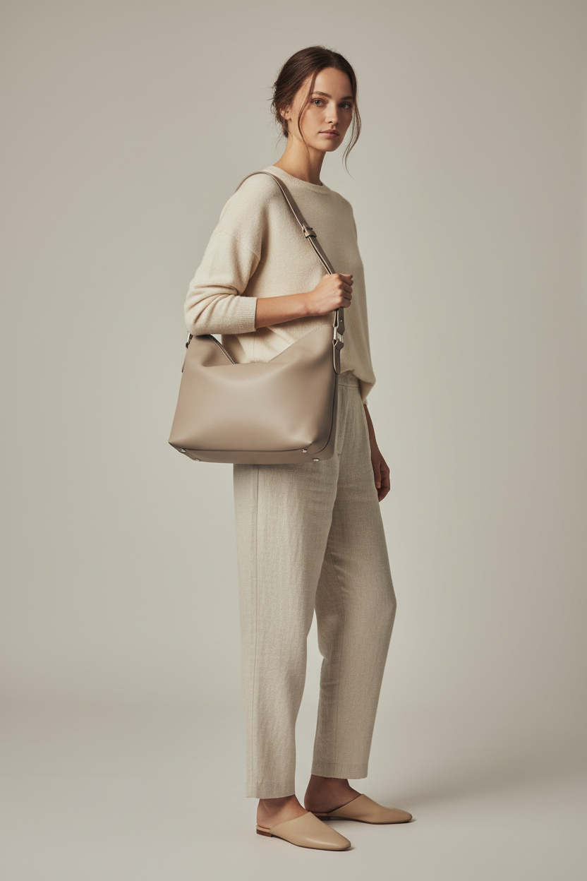 Female model carrying Soft Matte Shoulder Bag in Soft Stone