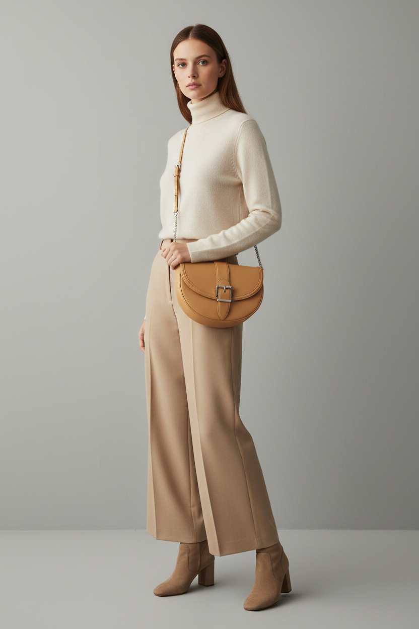 Female model carrying Curved Mini Shoulder Bag in Warm Sandstone