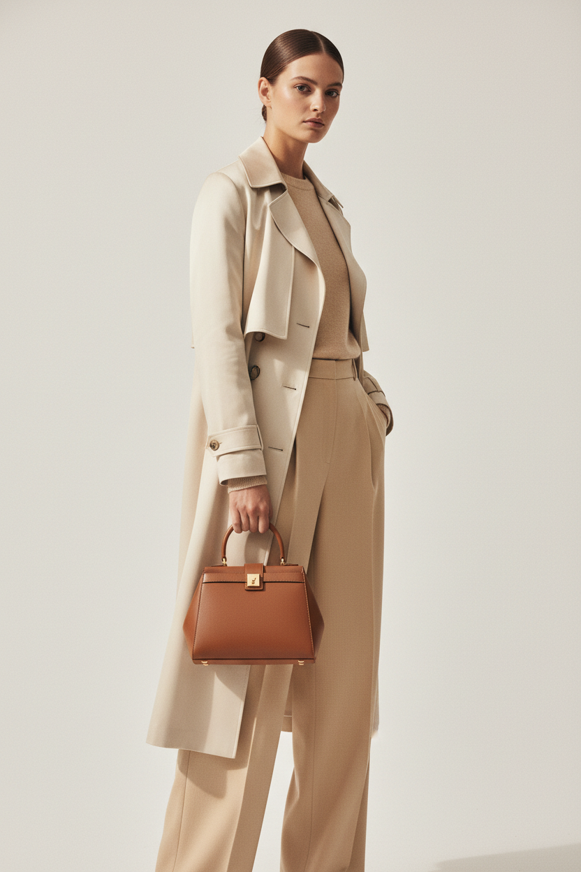 Female model holding Mini Luxe Top-Handle Bag in Cinnamon Brown
