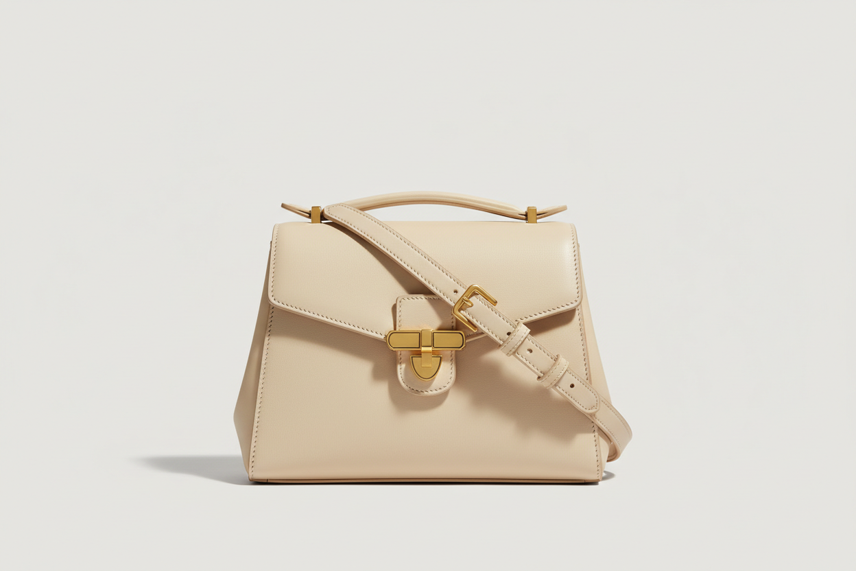 Sculpted Designer Shoulder Bag in Cream Beige, front view