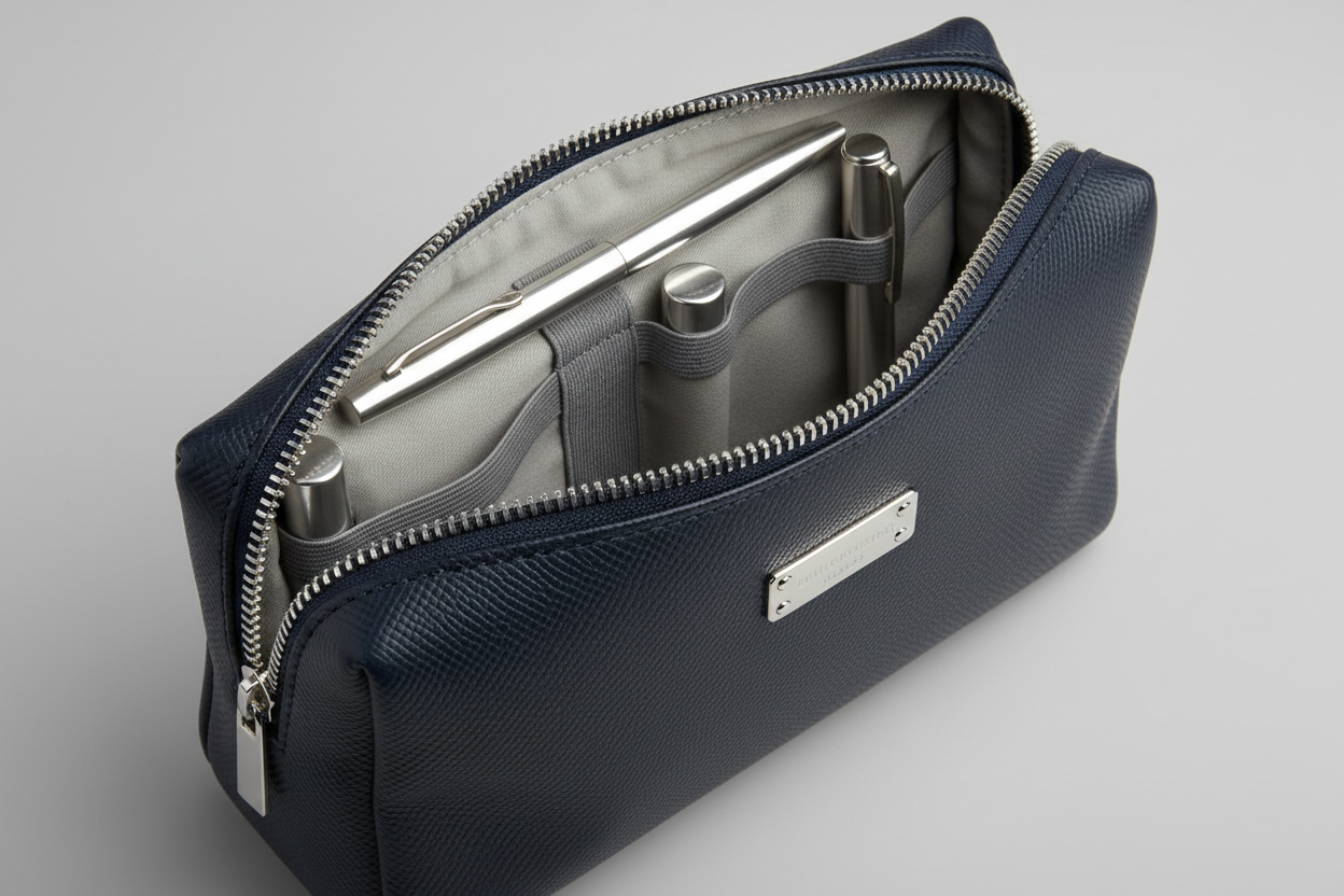 Modern Travel Pouch in Navy and Silver, open zipper compartment view