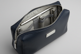 Modern Travel Pouch in Navy and Silver, open zipper compartment view