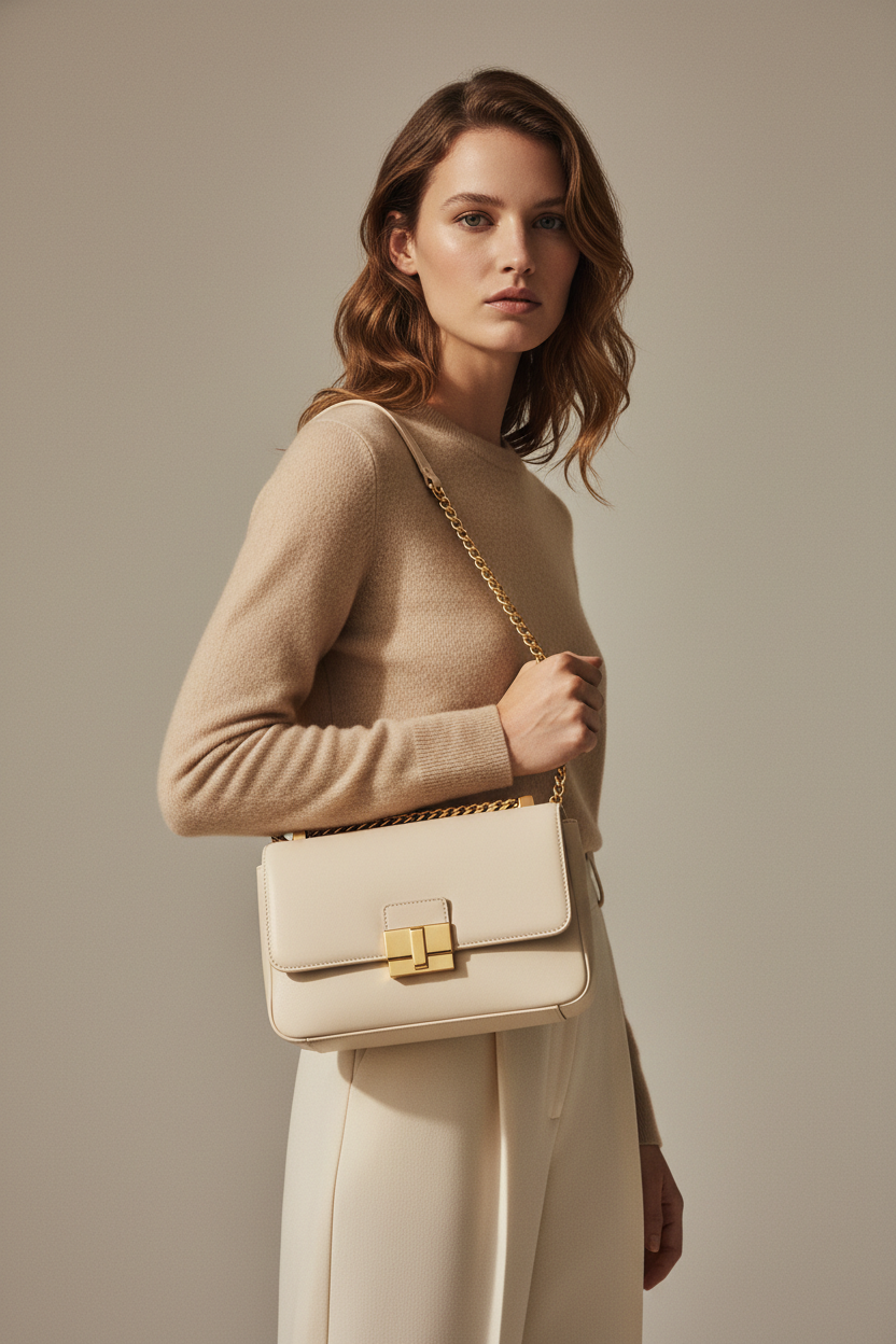 Female model carrying Minimal Luxe Shoulder Bag in Ivory Cream