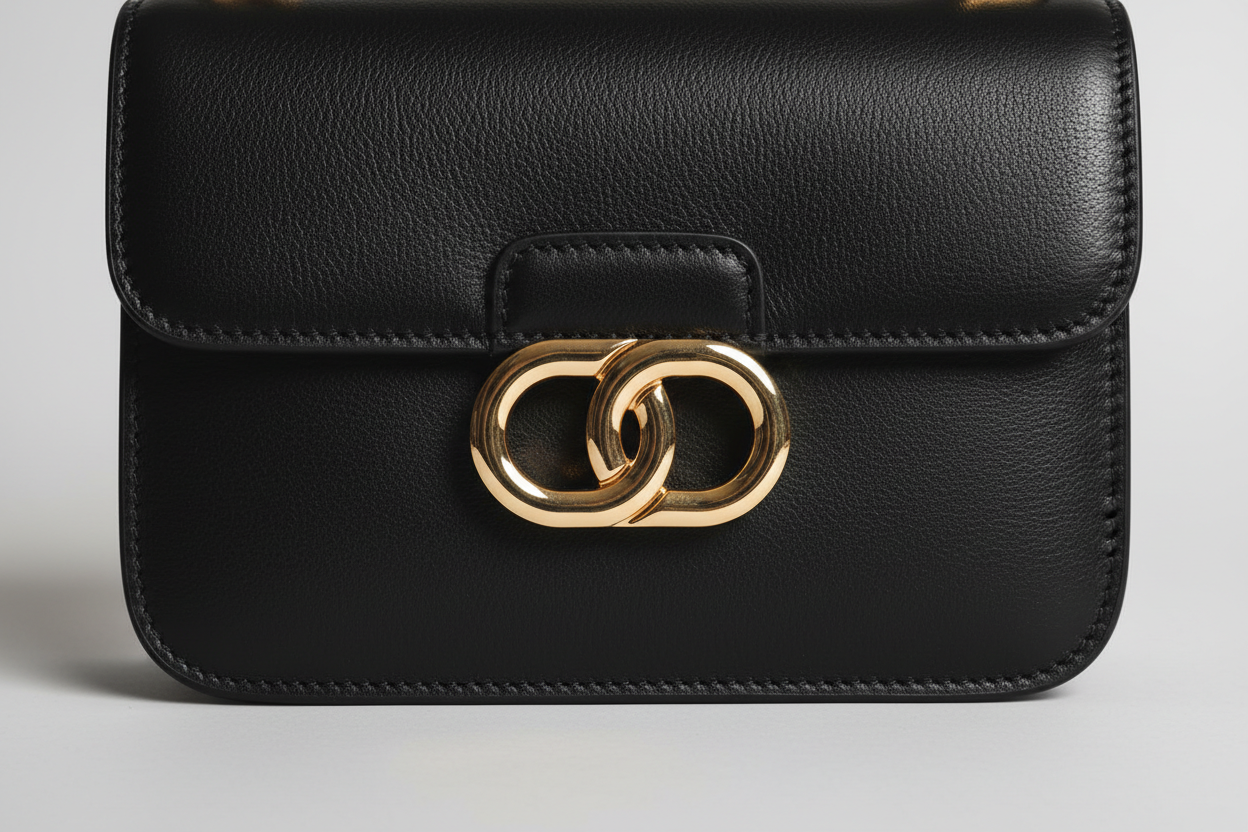 Minimal Luxe Shoulder Bag in Matte Black, leather and hardware close-up