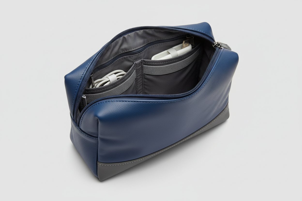 Modern Travel Pouch in Blue and Gray, open zipper compartment view