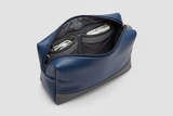 Modern Travel Pouch in Blue and Gray, open zipper compartment view