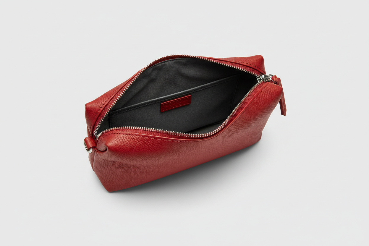 Premium Leather Utility Pouch in Red, open zipper compartment view
