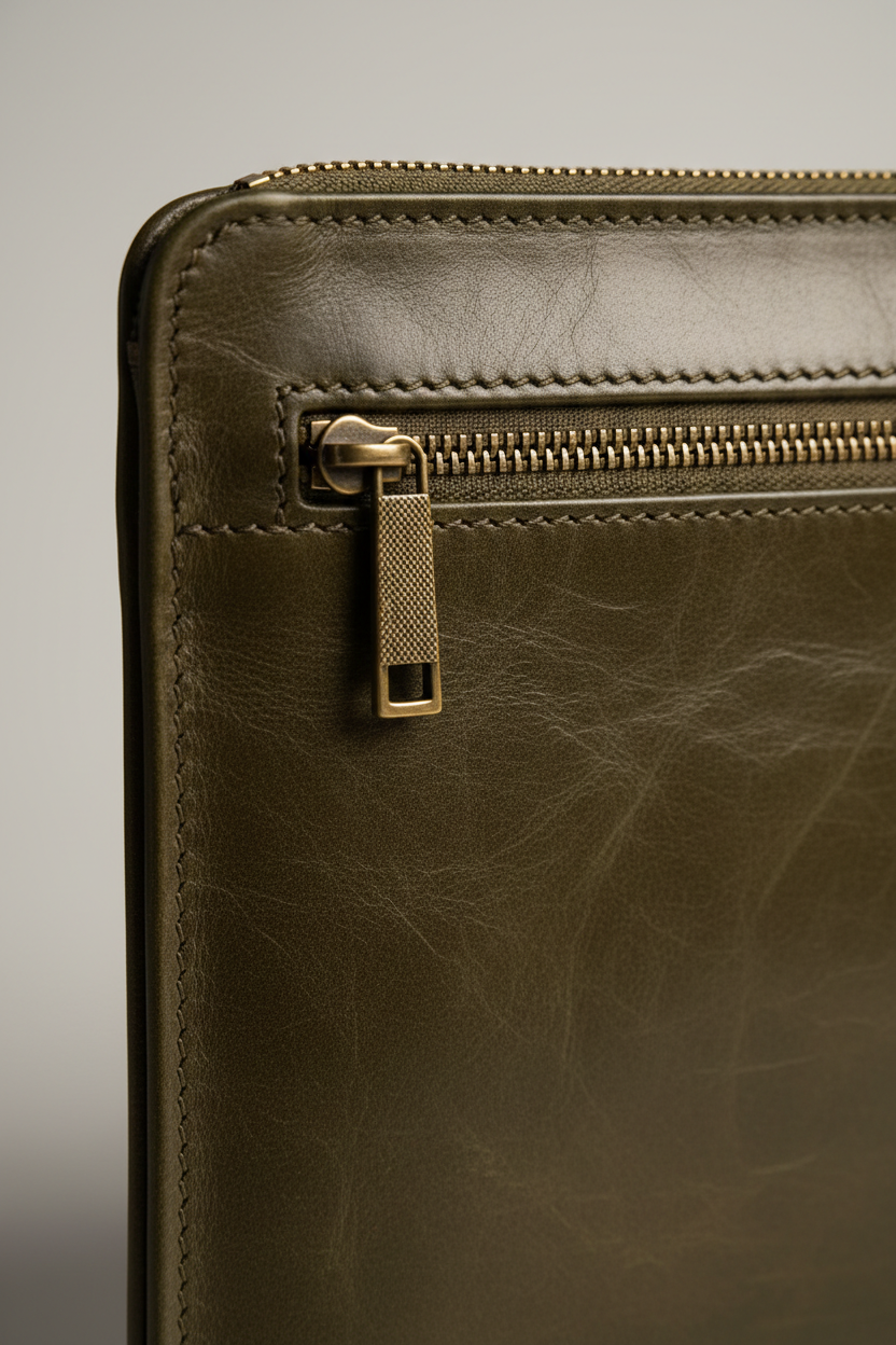 Metropolitan Slim iPad Bag in Moss Canyon Olive Waxed Heritage Leather – Leather & Zipper Detail