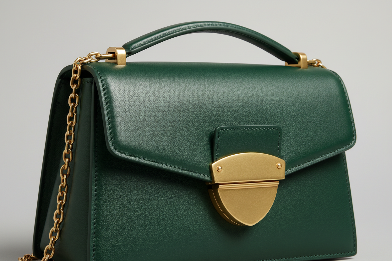 Sculpted Designer Shoulder Bag in Forest Green, sculpted leather and hardware close-up