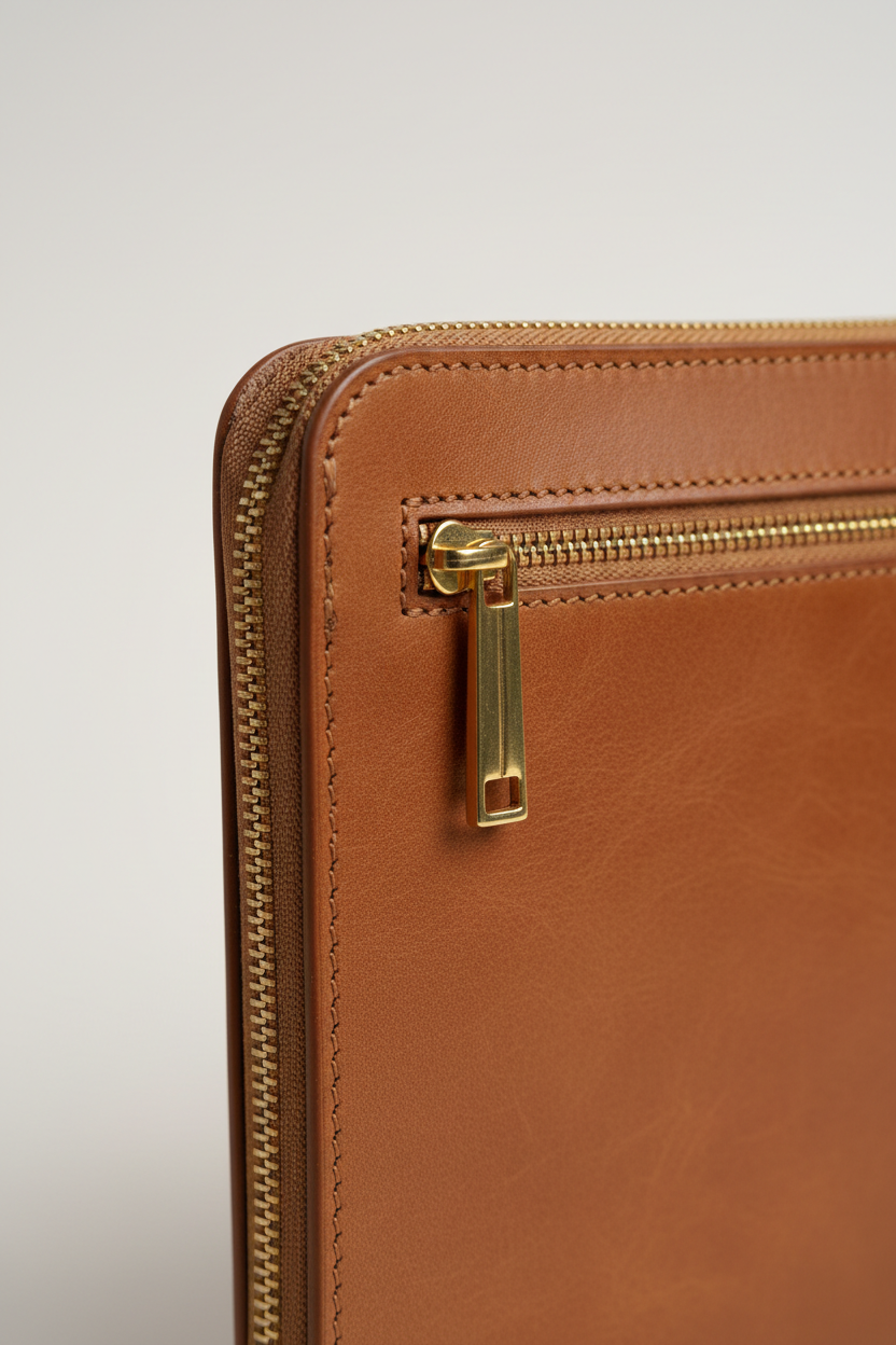 Contemporary Tech Sleeve Pochette in Camel Dune Tan Italian Saddle Leather – Leather & Zipper Detail