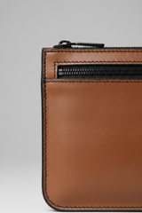Minimal Luxe Pouch in Bronze and Black, portrait leather and zipper macro close-up