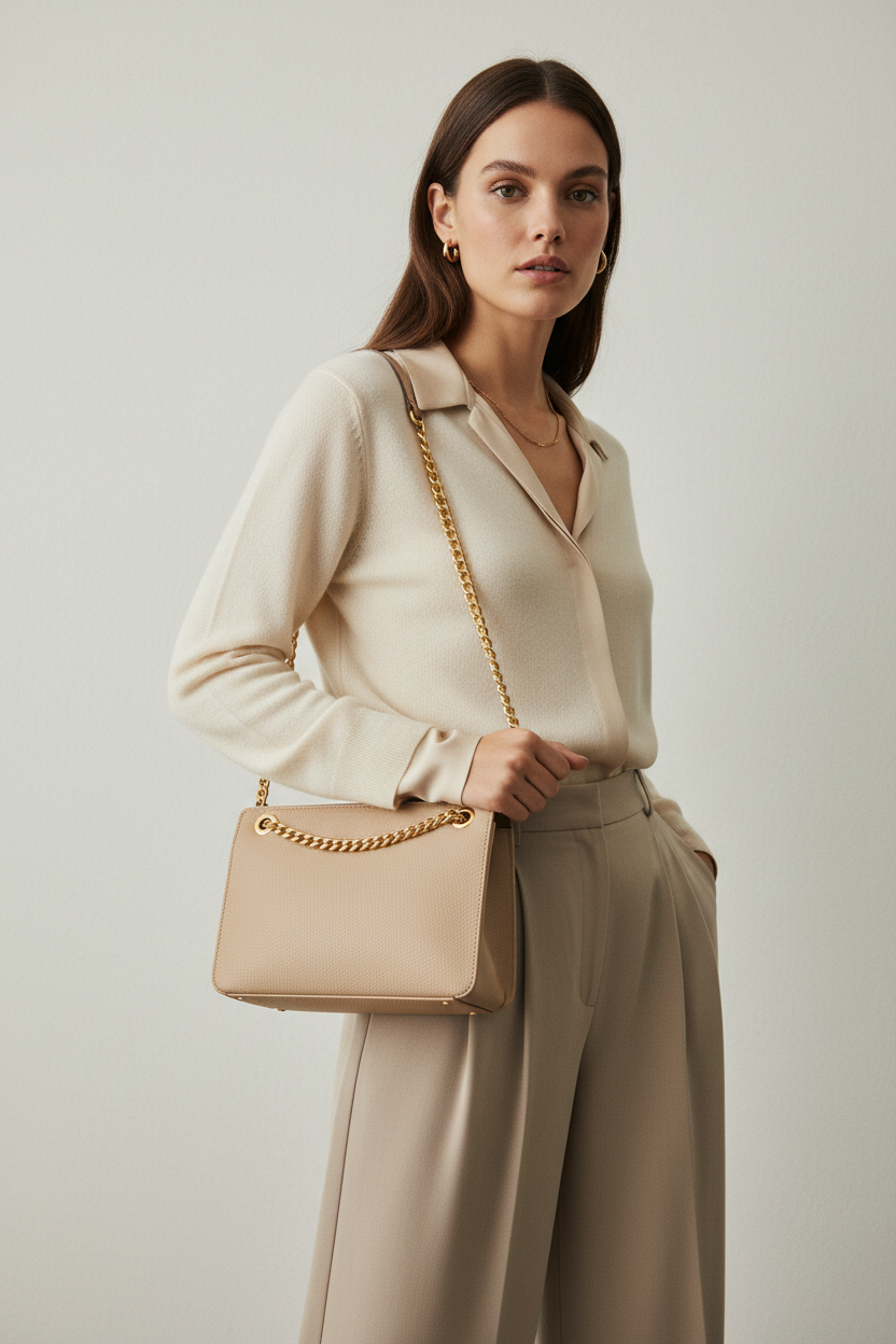 Female model carrying Elegant Chain Shoulder Bag in Champagne Beige