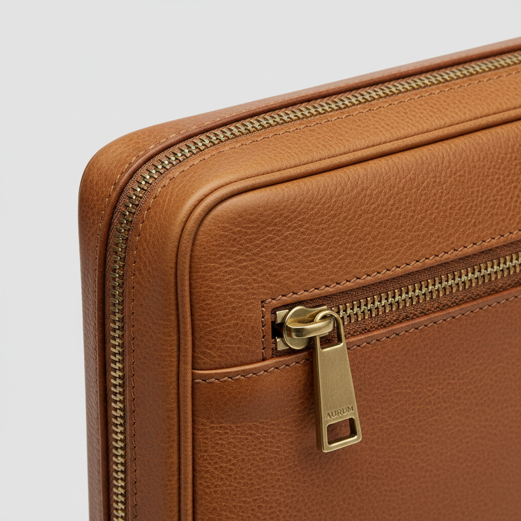 Executive Slim Briefcase in Stone Oak Tan – Leather & Hardware Detail
