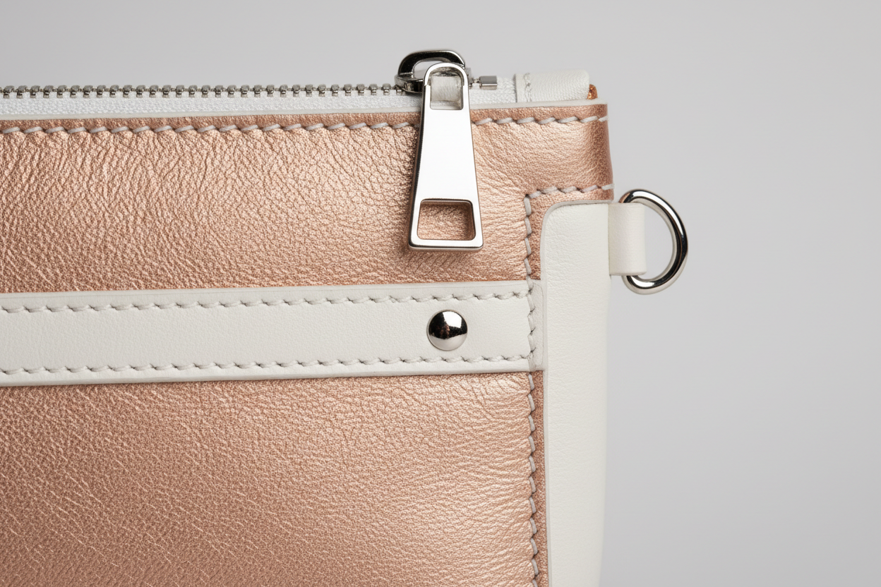 Signature Utility Pouch in Rose Gold and White, heritage leather macro close-up
