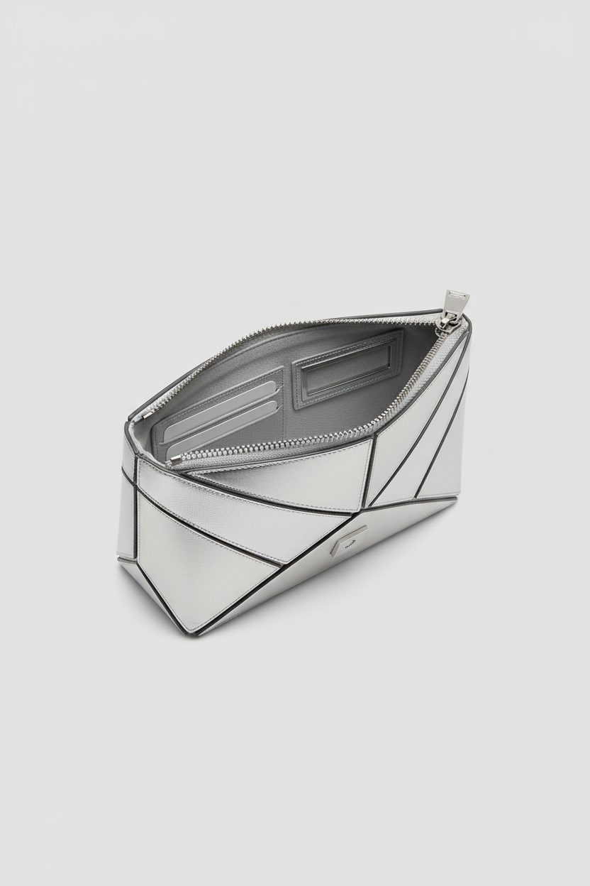 Minimal Luxe Pouch in Geometric and Silver, portrait open zipper compartment view