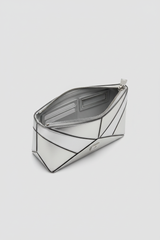 Minimal Luxe Pouch in Geometric and Silver, portrait open zipper compartment view